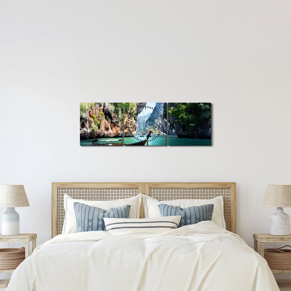 Slika - Vodeni mediteranski krajolik s čamcem (sa satom) (90x30 cm)