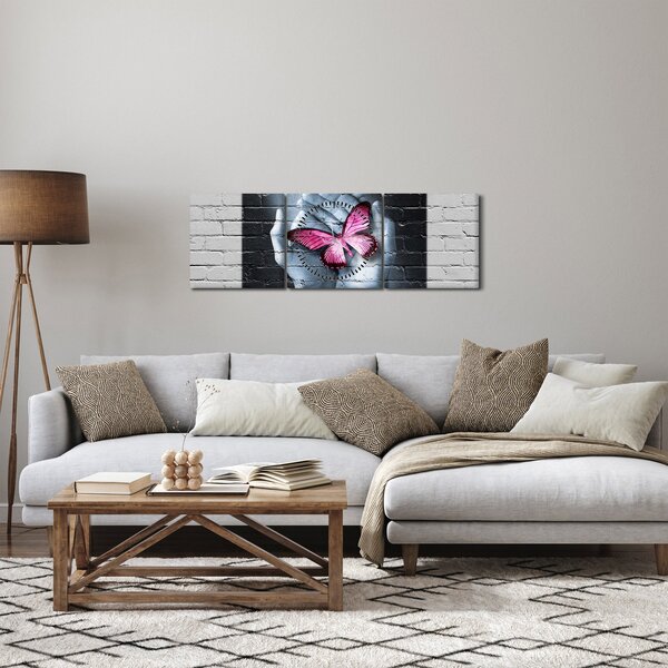 Slika - Ružičasti leptir u zidu (sa satom) (90x30 cm)