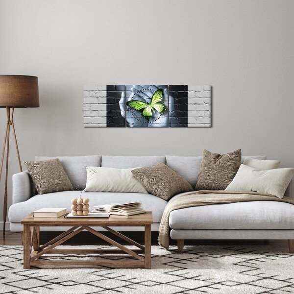 Slika - Zeleni leptir u zidu (sa satom) (90x30 cm)