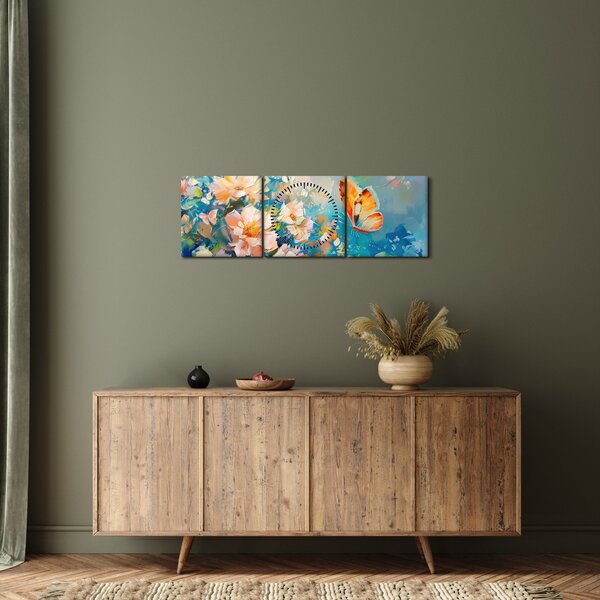 Slika - Leptir i cvijeće, ulje na platnu II. (sa satom) (90x30 cm)