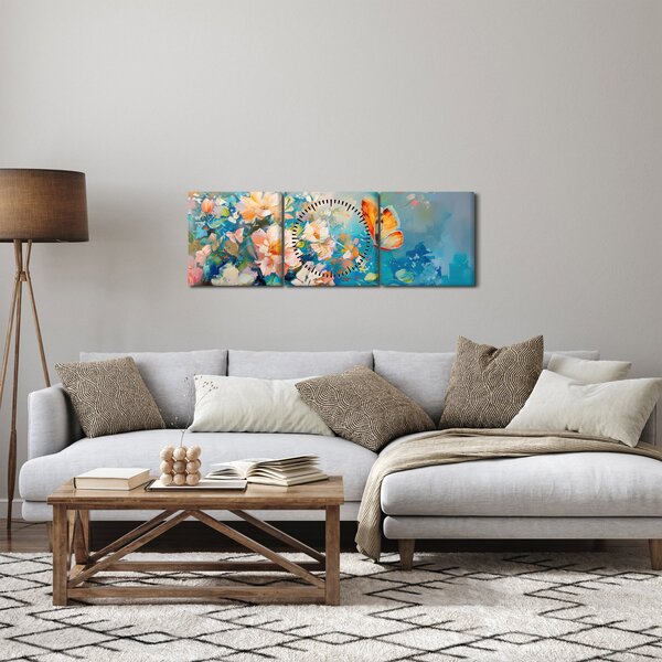 Slika - Leptir i cvijeće, ulje na platnu II. (sa satom) (90x30 cm)