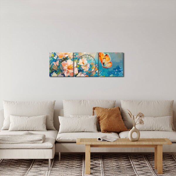 Slika - Leptir i cvijeće, ulje na platnu II. (sa satom) (90x30 cm)