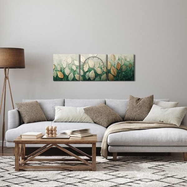 Slika - Zlatno-zeleno lišće (sa satom) (90x30 cm)