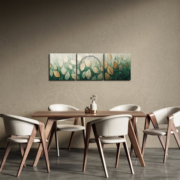 Slika - Zlatno-zeleno lišće (sa satom) (90x30 cm)