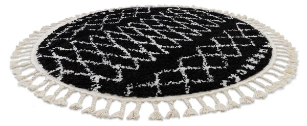 Tepih BERBER ETHNIC G3802 krug crno / Bijela rese Berberski marokanski shaggy