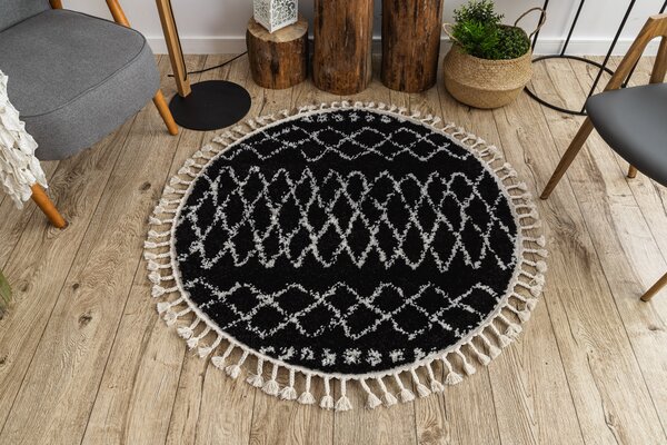 Tepih BERBER ETHNIC G3802 krug crno / Bijela rese Berberski marokanski shaggy