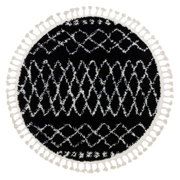 Tepih BERBER ETHNIC G3802 krug crno / Bijela rese Berberski marokanski shaggy