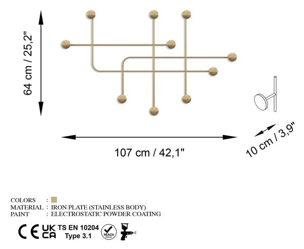 Metalna zidna vješalica u zlatnoj boji Dama – Kalune Design