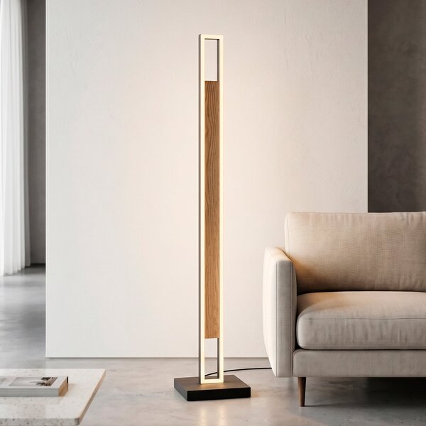 Paul Neuhaus Sveja LED podna lampa, crna/drvene boje, visina 140 cm, CCT, prigušiva, Drvo, Dnevni boravak/blagovaonica, Drvo