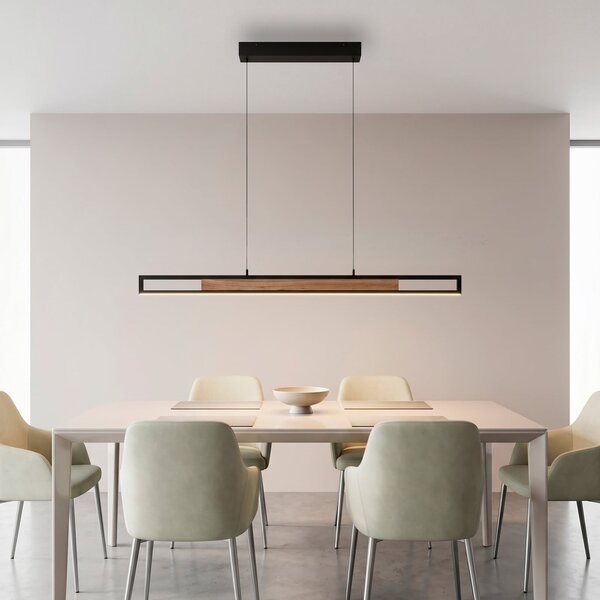 Paul Neuhaus Sveja LED viseća lampa, duljina 115 cm, crna/drvene boje, CCT, prigušiva, Drvo, Dnevni boravak/blagovaonica, Drvo