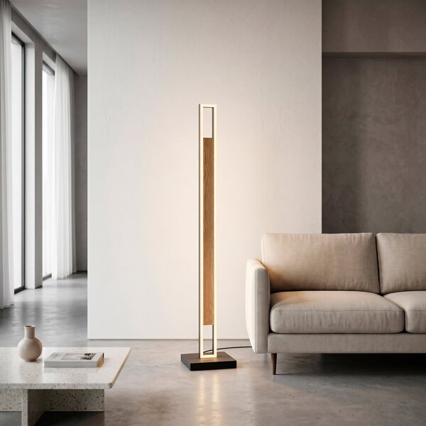 Paul Neuhaus Sveja LED podna lampa, crna/drvene boje, visina 140 cm, CCT, prigušiva, Drvo, Dnevni boravak/blagovaonica, Drvo