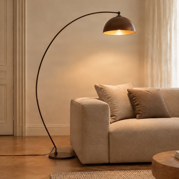Lindby Jonera zakrivljena podna lampa, smeđa, 185 cm, metal, E27, Smeđa / hrđa, Dnevni boravak/blagovaonica, Metal