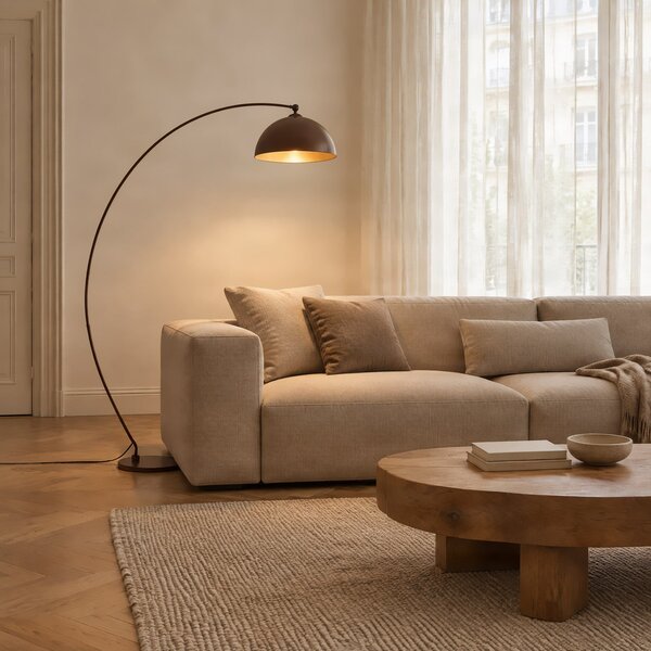 Lindby Jonera zakrivljena podna lampa, smeđa, 185 cm, metal, E27, Smeđa / hrđa, Dnevni boravak/blagovaonica, Metal