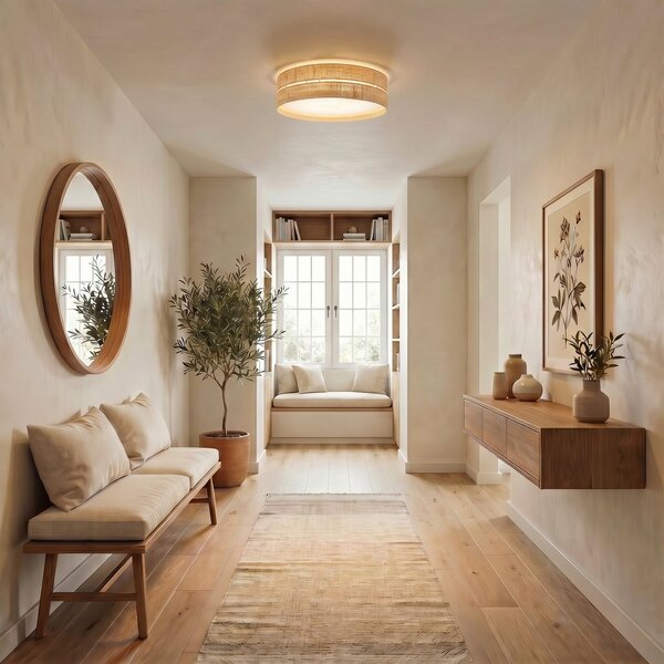 TK Lighting Stropna svjetiljka Calma, bež, rafija, Ø 60 cm, E27, prigušiva, Bež, Dnevni boravak/blagovaonica, Ostalo