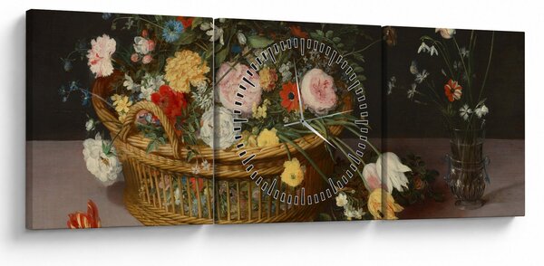 Slika - Jan Brueghel the Elder, Flowers in a Basket and a Vase, reprodukcije (sa satom) (90x30 cm)