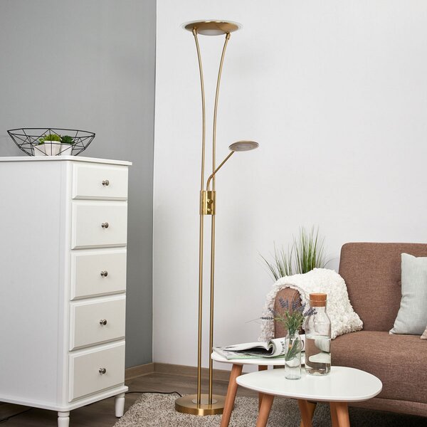 Lindby LED stropni reflektor Eda, visina 180 cm, mesing, prigušljiv, prigušiva, Zlato / mjed, Dnevni boravak/blagovaonica, Metal, Svjetlo za čitanje