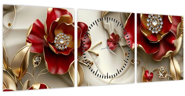 Slika - 3D crveno-zlatno cvijeće (sa satom) (90x30 cm)