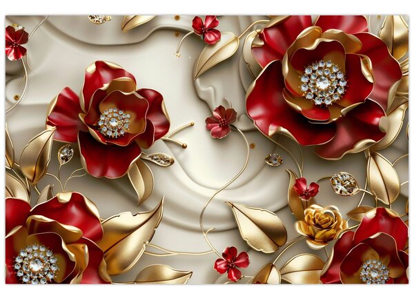 Slika - 3D crveno-zlatno cvijeće (90x60 cm)