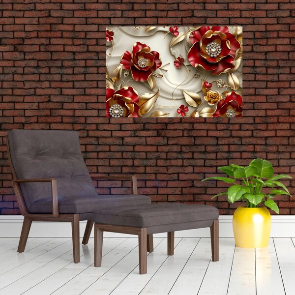 Slika - 3D crveno-zlatno cvijeće (90x60 cm)