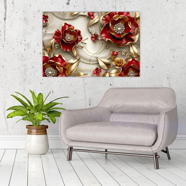 Slika - 3D crveno-zlatno cvijeće (90x60 cm)