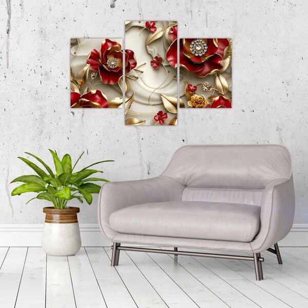 Slika - 3D crveno-zlatno cvijeće (90x60 cm)
