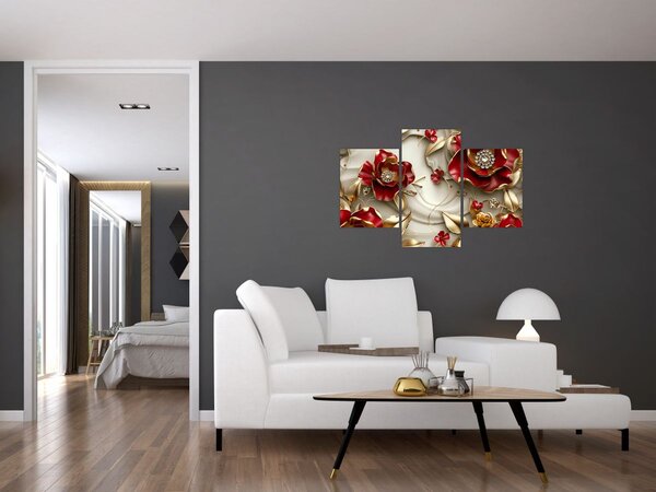 Slika - 3D crveno-zlatno cvijeće (90x60 cm)