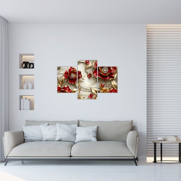 Slika - 3D crveno-zlatno cvijeće (90x60 cm)