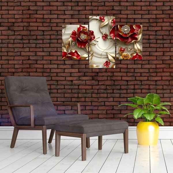 Slika - 3D crveno-zlatno cvijeće (90x60 cm)