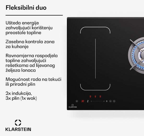 Klarstein MultiChef 5 Wok, indukcijska i plinska ploča za kuhanje, 5 zona za kuhanje, 3 plinska plamenika, 2 indukcijske ploče za kuhanje, FlexZone