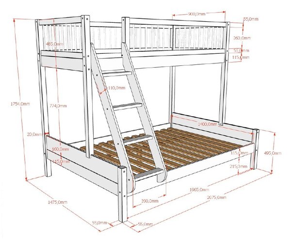 Bijeli dječji krevet od masivne bukve na kat s podnicom 140x200/90x200 cm Forrest – Vipack