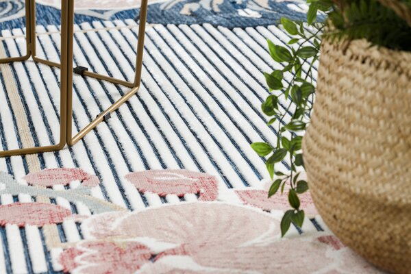 Tepih Structural BOTANIC 65240 Flamingo, lišće ravno tkani na balkonu, terasi - tamno plava
