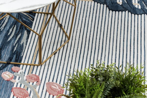 Tepih Structural BOTANIC 65240 Flamingo, lišće ravno tkani na balkonu, terasi - tamno plava
