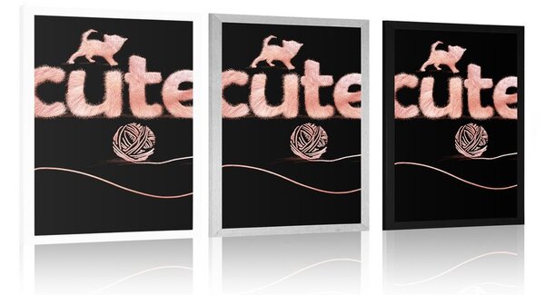 Plakat mačka s klupkom i natpisom Cute