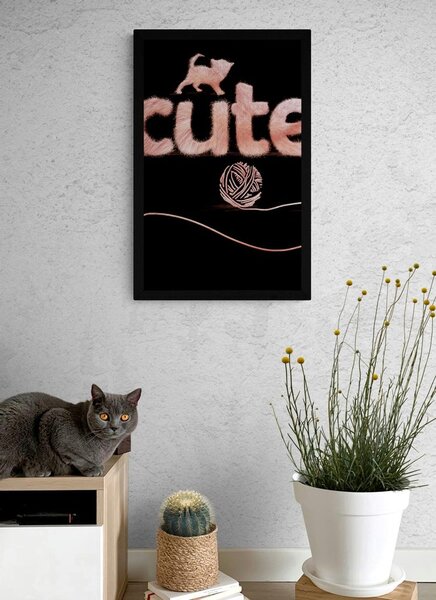 Plakat mačka s klupkom i natpisom Cute