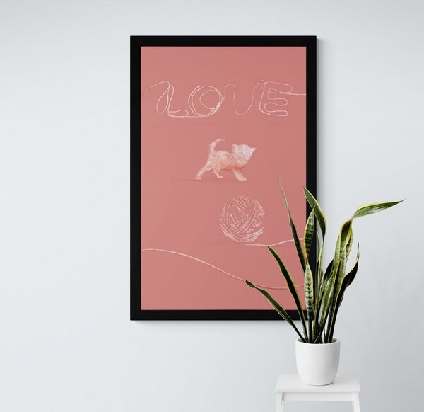 Plakat maca s klupkom i natpisom Love