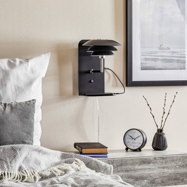 Zidne Svjetiljka Dyberg Larsen, DL20 USB Shelf, prigušiv, Crno, Spavaća soba, Metal, Skandinavski