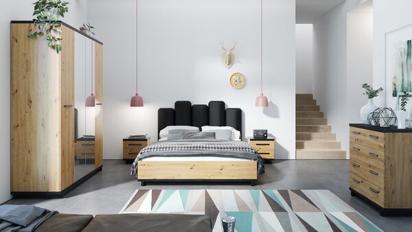 Bračni krevet 160 cm Indi P (hrast artisan + crna mat + hrast artisan) (s podnicom)