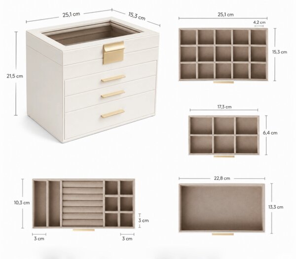 Kutija za nakit ELEGANT CASE 25,1x21,5x15,3 cm od eko kože, bež boje