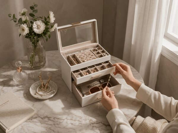 Kutija za nakit ELEGANT CASE 25,1x21,5x15,3 cm od eko kože, bež boje