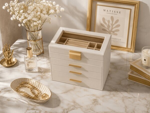 Kutija za nakit ELEGANT CASE 25,1x21,5x15,3 cm od eko kože, bež boje