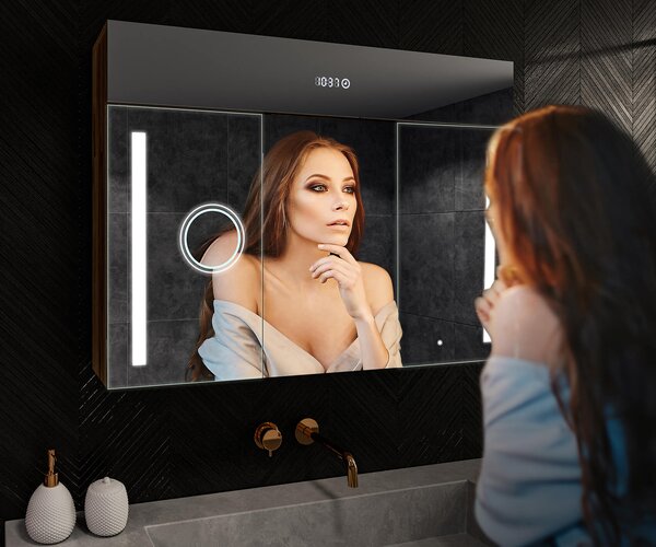 Osvijetljeni ormarić s LED ogledalom, model Emily L02 - 100 x 72 cm, kupaonski ormarić modernog dizajna s konfiguracijom prekidača rasvjete, u boji San Marino