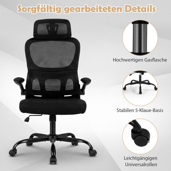 Ergonomska uredska stolica, stolica za pisanje s lumbalnom potporom i podesivim naslonom za glavu, crna