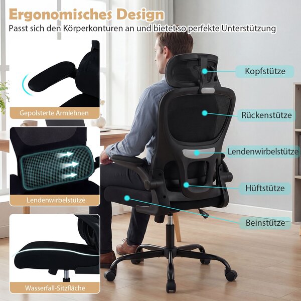 Ergonomska uredska stolica, stolica za pisanje s lumbalnom potporom i podesivim naslonom za glavu, crna