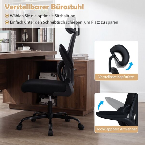 Ergonomska uredska stolica, stolica za pisanje s lumbalnom potporom i podesivim naslonom za glavu, crna
