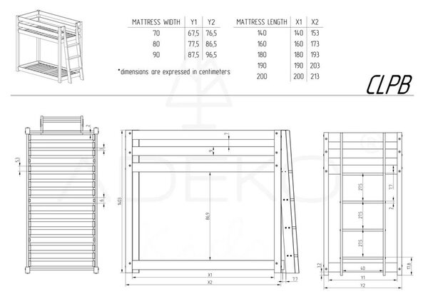 Dječji krevet na kat od borovine 90x200 cm CLPB - Adeko