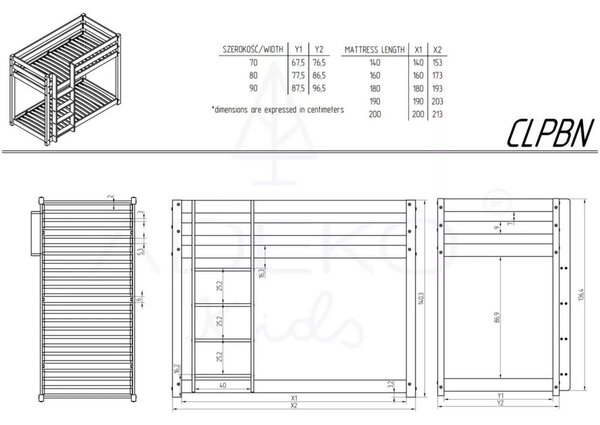 Dječji krevet na kat/s dodatnim ležajem s prostorom za odlaganje s podnicom 90x200 cm u prirodnoj boji CLPBN – Adeko