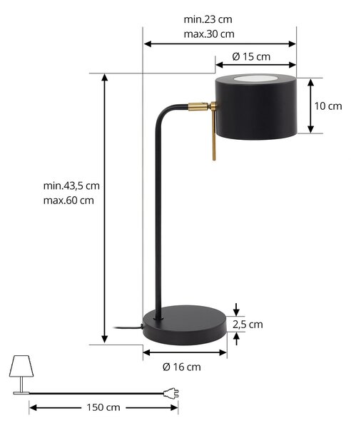 Stolne Lampa Lindby, Kaida, Crno, Dnevna soba, Metal, Moderan