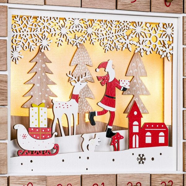 Drveni adventski kalendar SANTA CLAUS s rasvjetom, 35x6x27 cm, bijela/smeđa Spielwerk