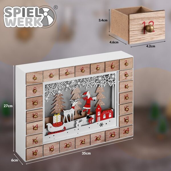Drveni adventski kalendar SANTA CLAUS s rasvjetom, 35x6x27 cm, bijela/smeđa Spielwerk