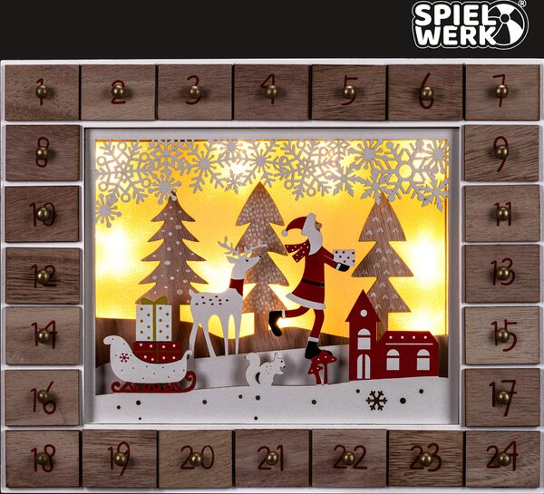 Drveni adventski kalendar SANTA CLAUS s rasvjetom, 35x6x27 cm, bijela/smeđa Spielwerk